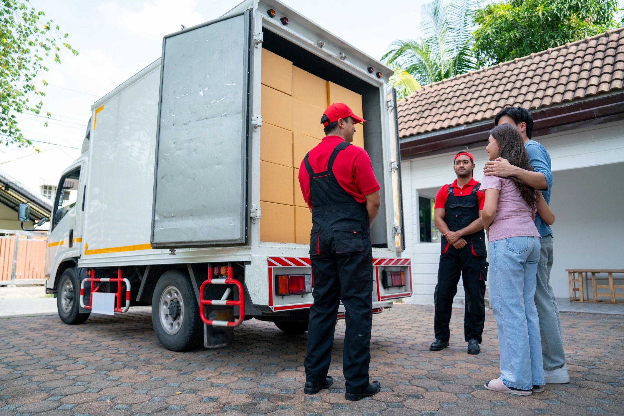 Appliance delivery team assisting customers at home